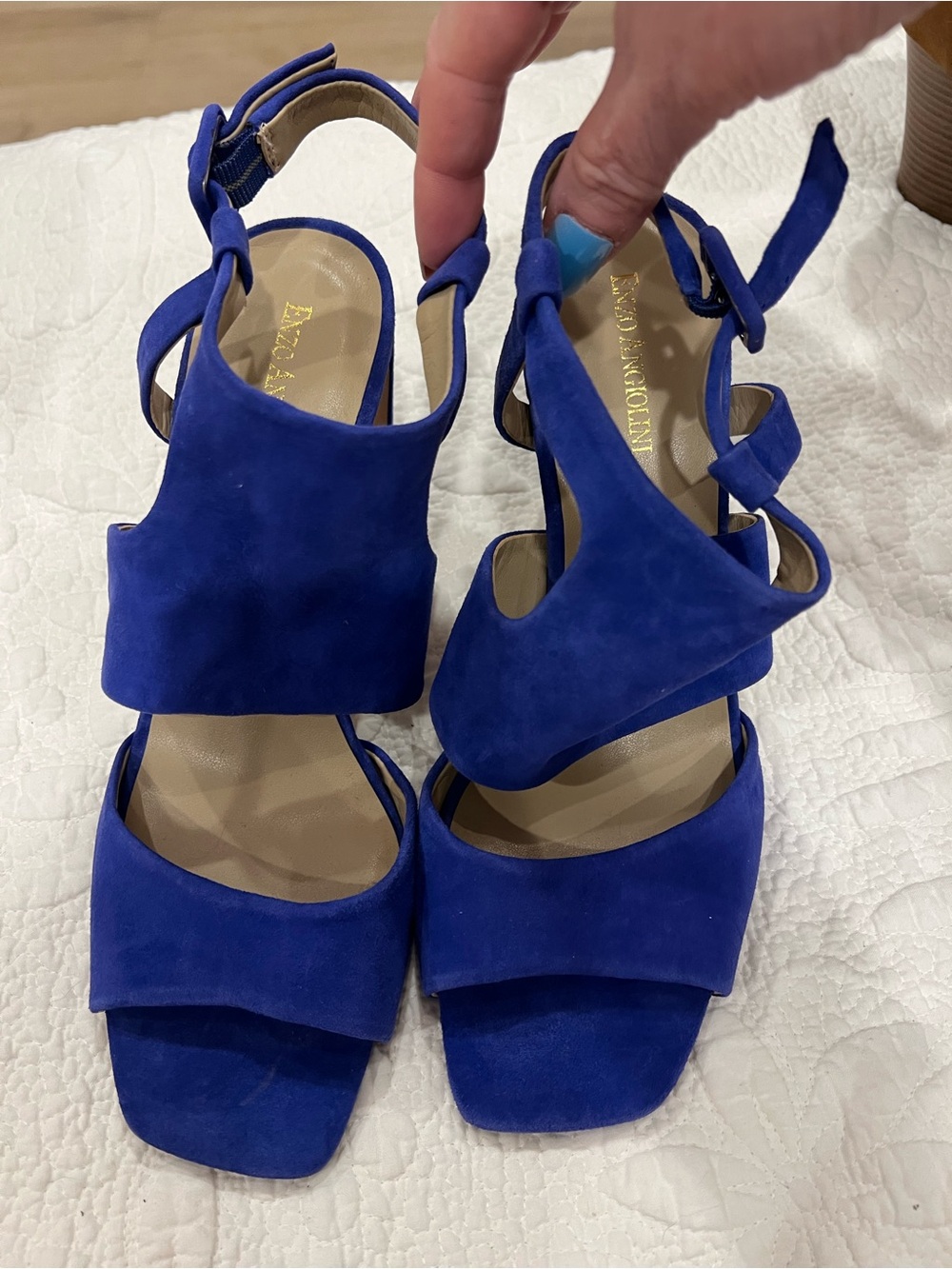 Enzo Angiolini Cobalt Blue Suede Block Heel Sandals - Picture 2 of 5